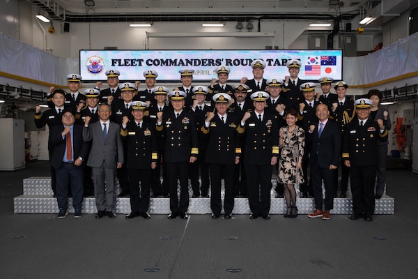 Fleet Commanders	and naval leaders pose for a photo at the 2023 Fleet Commanders’ Roundtable Discussion hosted aboard ROKS Hansando (ATH-81) in Busan, Republic of Korea, April 21. The meeting provided a forum to engage in professional dialogues on regional security challenges and maritime operations. U.S. 7th Fleet is the U.S. Navy’s largest forward-deployed numbered fleet, and routinely interacts and operates with Allies and partners to preserve a free and open Indo-Pacific.