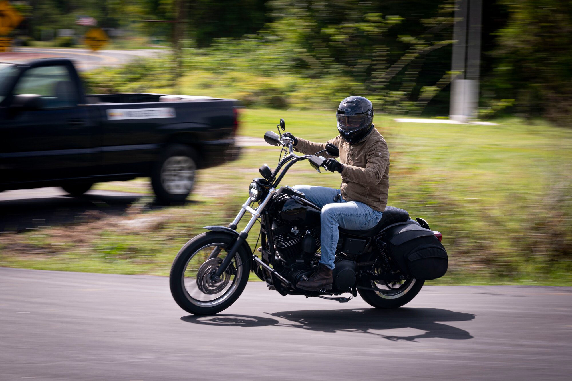 A person is riding a motorcycle.