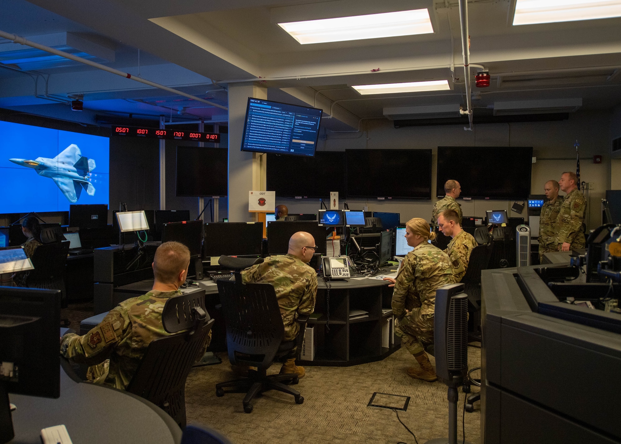 Airmen from the 608th Air Operations Center at Barksdale AFB, La., track and monitor bomber activity on the Combat Operations Division floor during exercise Global Thunder, April 18, 2023.