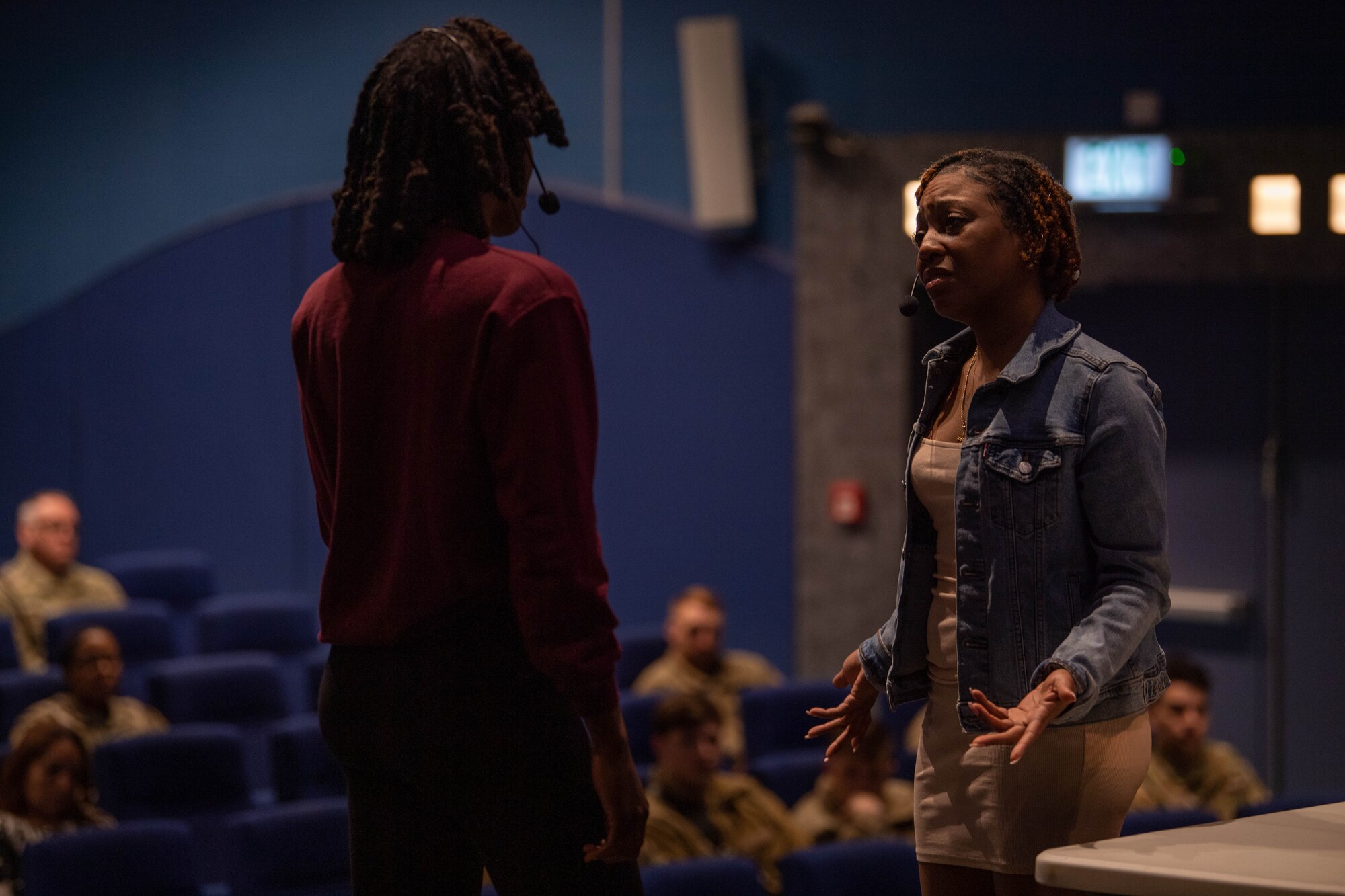 U.S. Air Force and Army actors perform “The Introduction” play, April 20, 2023 at Ramstein Air Base, Germany, in honor of Sexual Assault Awareness and Prevention Month.