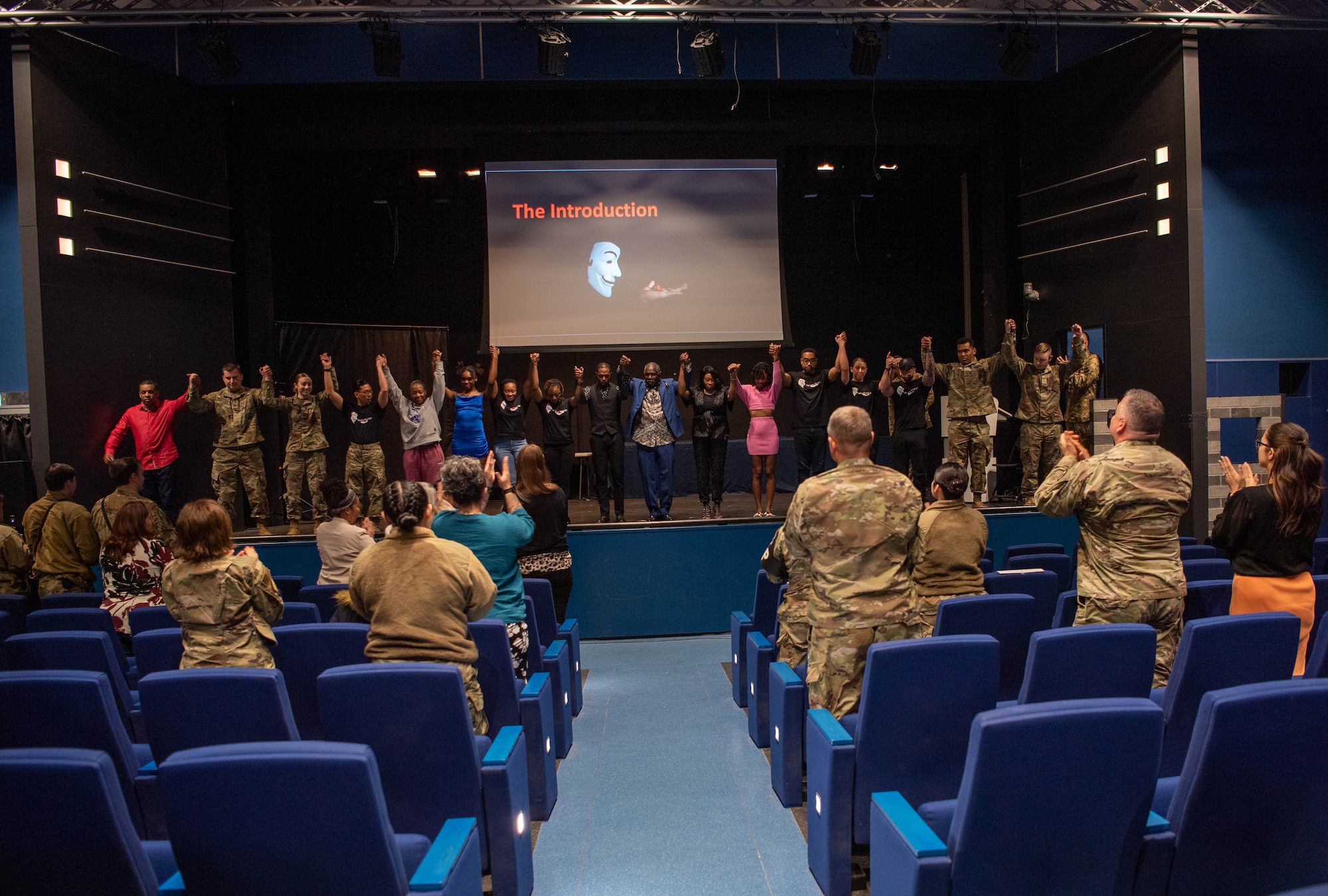 Cast and crew members take a bow at the end of the play, “The Introduction,” in honor of Sexual Assault Awareness and Prevention Month at Ramstein Air Base, Germany on April 20, 2023.