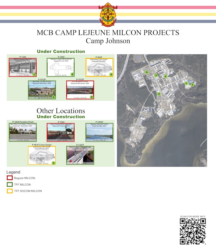 A series of graphics depicting military construction projects across MCB Camp Lejeune, including Camp Johnson, Courthouse Bay and Stone Bay.