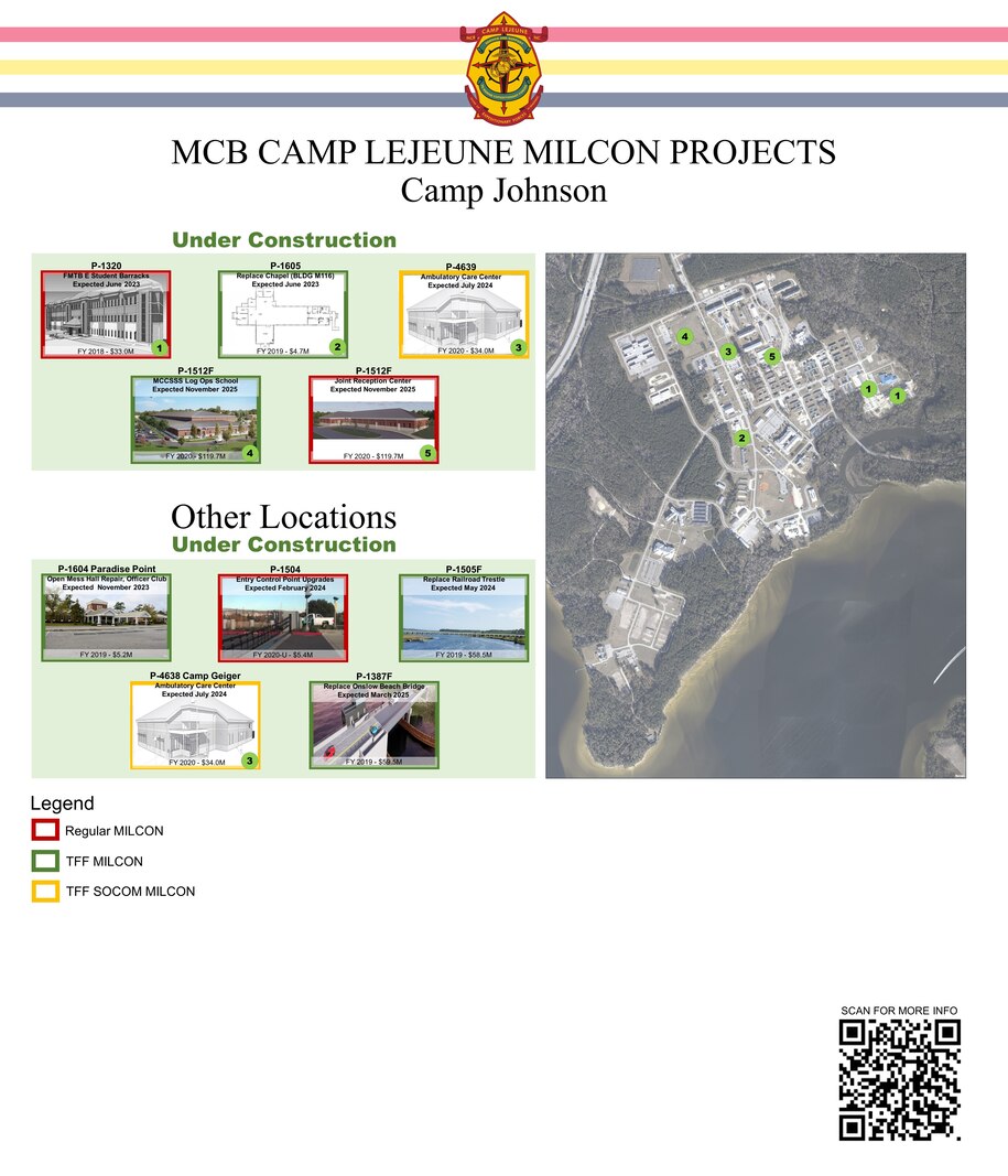 A series of graphics depicting military construction projects across MCB Camp Lejeune, including Camp Johnson, Courthouse Bay and Stone Bay.