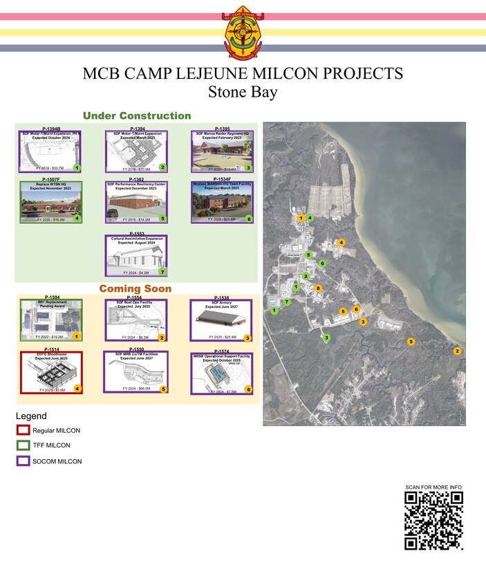 A series of graphics depicting military construction projects across MCB Camp Lejeune, including Camp Johnson, Courthouse Bay and Stone Bay.