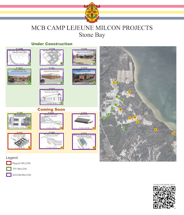 A series of graphics depicting military construction projects across MCB Camp Lejeune, including Camp Johnson, Courthouse Bay and Stone Bay.