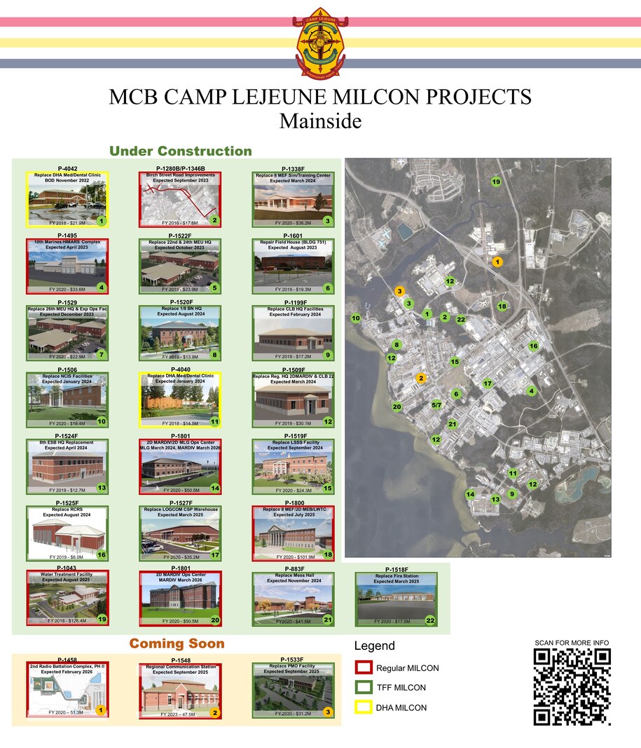 A series of graphics depicting military construction projects across MCB Camp Lejeune, including Camp Johnson, Courthouse Bay and Stone Bay.