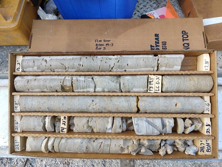 Rock samples sit in a box.