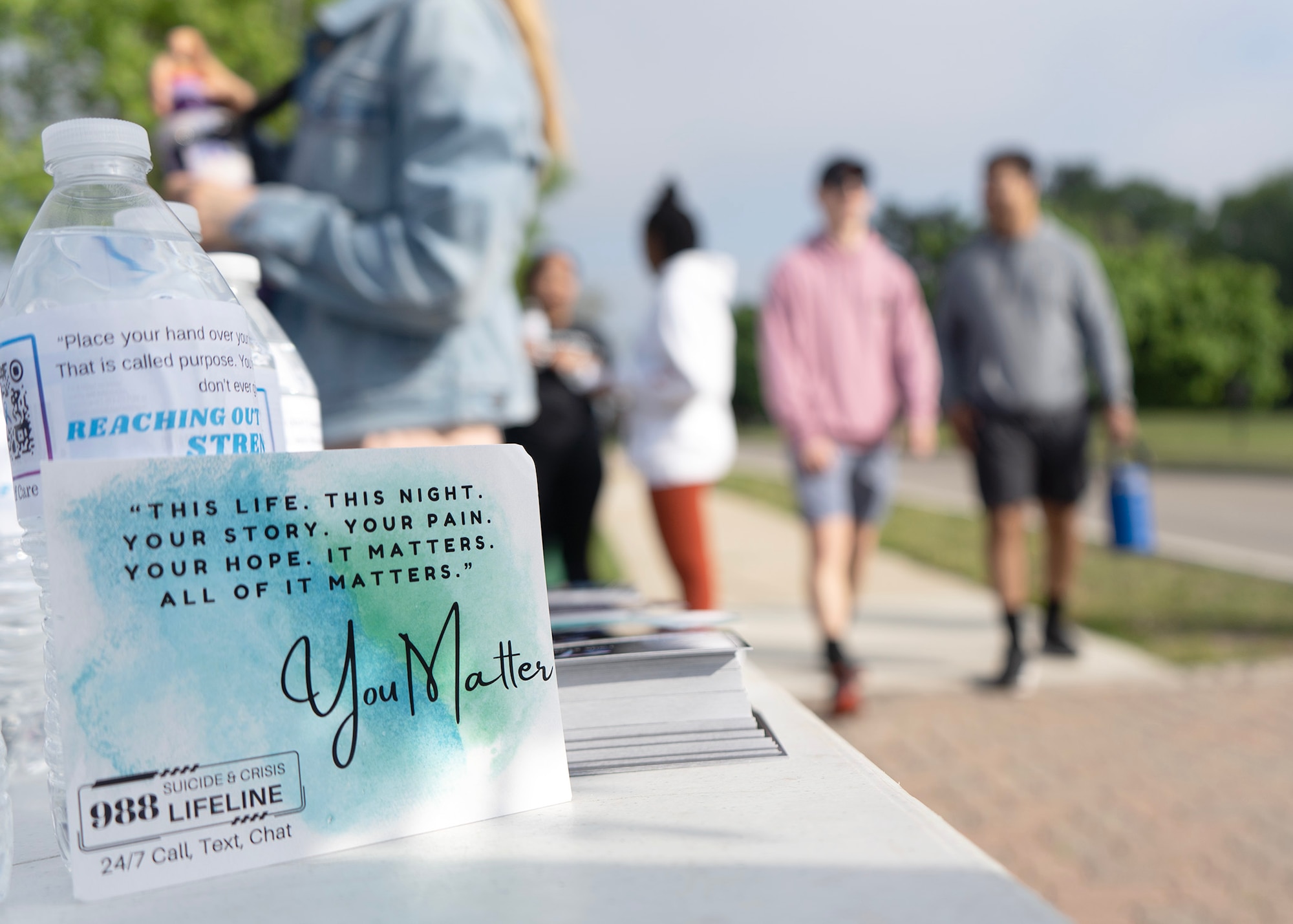 Members from 70th Intelligence, Surveillance and Reconnaissance Wing participate in a Suicide Awareness Walk, April 21, 2023, at Fort George G. Meade, Maryland. The event provided helping agency resources for Airmen and families to care for one another, build resiliency, increase morale and raise suicide prevention awareness. (U.S. Air Force photo by Staff Sgt. Kevin Iinuma)