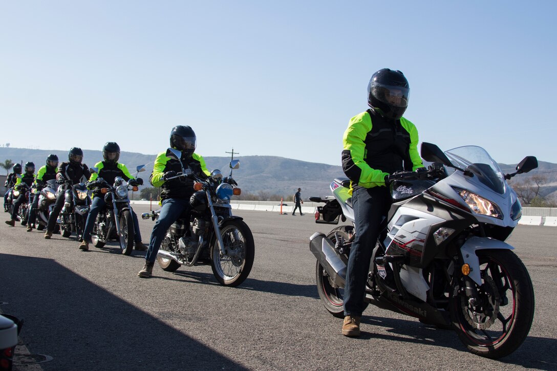 Military personnel sit in line at the Basic Riders Course on Camp Pendleton, Calif., Feb. 5, 2018. The course is mandatory for all active duty Marines intending to obtain a Camp Pendleton Department of Defense decal for their motorcycle. Military personnel are required to attend the BRC to qualify them to ride a motorcycle on base. (U.S. Marine Corps photo by Cpl. Andre Heath)