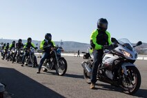 Military personnel sit in line at the Basic Riders Course on Camp Pendleton, Calif., Feb. 5, 2018. The course is mandatory for all active duty Marines intending to obtain a Camp Pendleton Department of Defense decal for their motorcycle. Military personnel are required to attend the BRC to qualify them to ride a motorcycle on base. (U.S. Marine Corps photo by Cpl. Andre Heath)