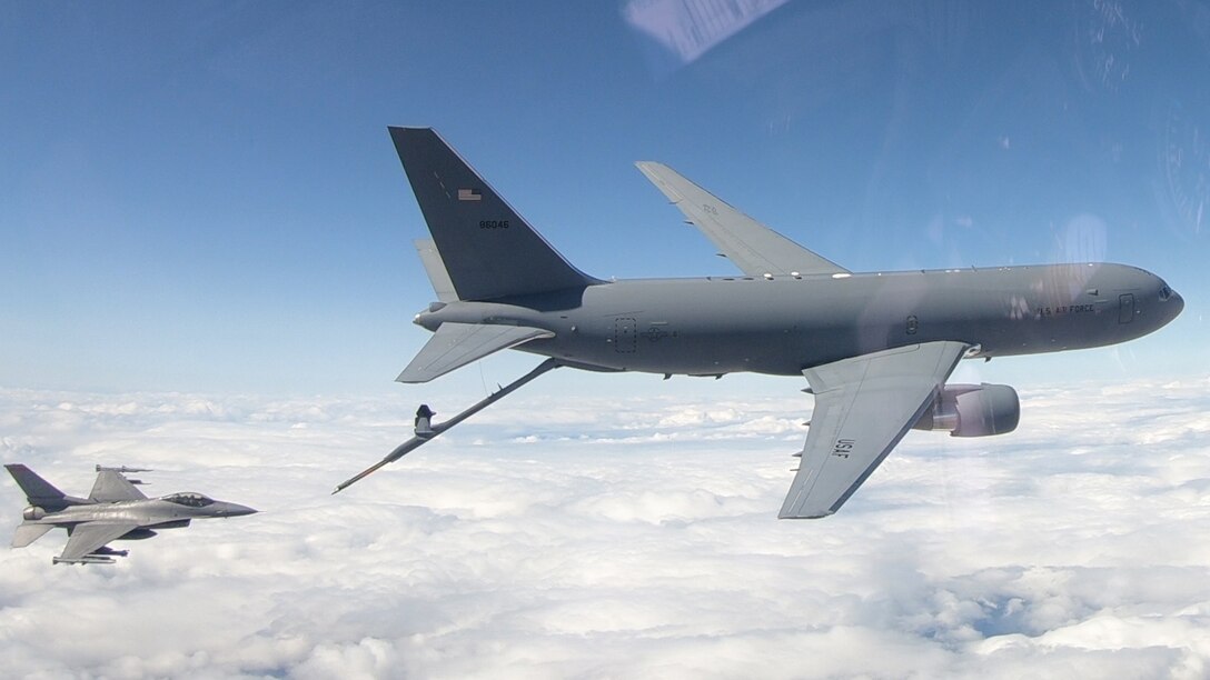 A KC-46 Pegasus assigned to the 418th Flight Test Squadron conducts an air refueling test mission with a F-16 Fighting Falcon over the skies of Southern California. Refueling is the magic of air mobility. It is a joint effort between Boeing, Air Mobility Command, Air Force Test Center, 418th Flight Test Squadron and Air Force Life Cycle Management Center to successfully complete the mission.