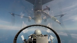 A KC-46 Pegasus conducts an air refueling test mission with a F-16 Fighting Falcon over the skies of Southern California. Aerial refueling is one of the core components of the U.S. Air Force. This mission allows our aircraft that don't have that much fuel to fly for much longer durations. (Photo courtesy of Boeing)