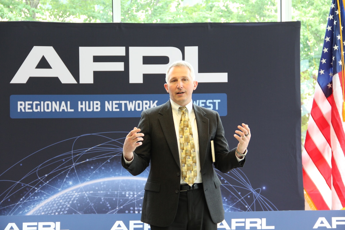 Dr. Richard Vaia, chief scientist, Materials and Manufacturing Directorate at Air Force Research Laboratory, or AFRL, speaks during the kick off of the Regional Hub Network - Midwest opening ceremony April 21, 2023, at Purdue University in West Lafayette, Indiana. The opening ceremony signified the beginning of a partnership between AFRL and Purdue University to collaborate on new science and technology innovations that the warfighter can use faster to keep the country safe. (U.S. Air Force photo / Aleah M. Castrejon)