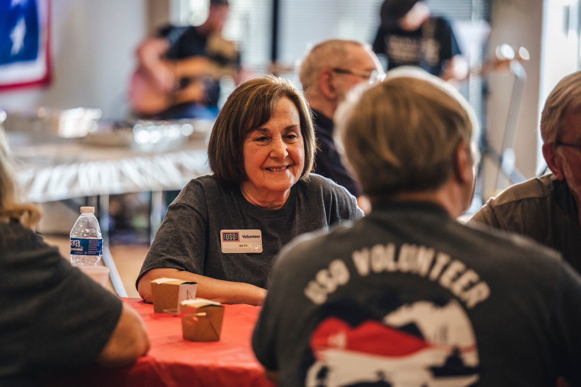 Beth Renken, USO volunteer, enjoys the annual USO volunteer appreciation dinner at Wright-Patterson Air Force Base, Ohio, April 20.