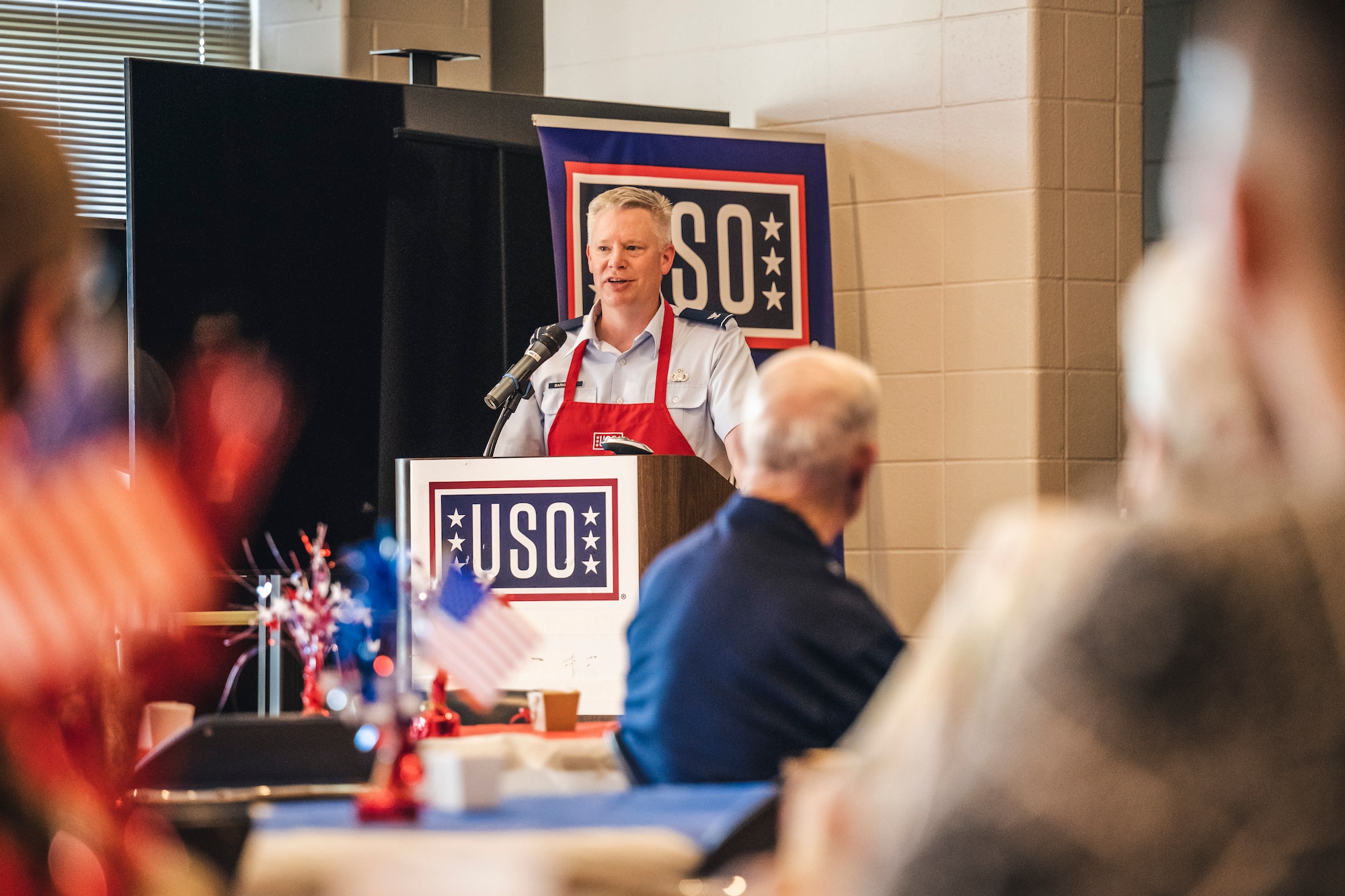 Col. Charles Barkhurst, 88th Air Base Wing vice commander, speaks during the annual USO volunteer appreciation dinner at Wright-Patterson Air Force Base, Ohio, April 20.