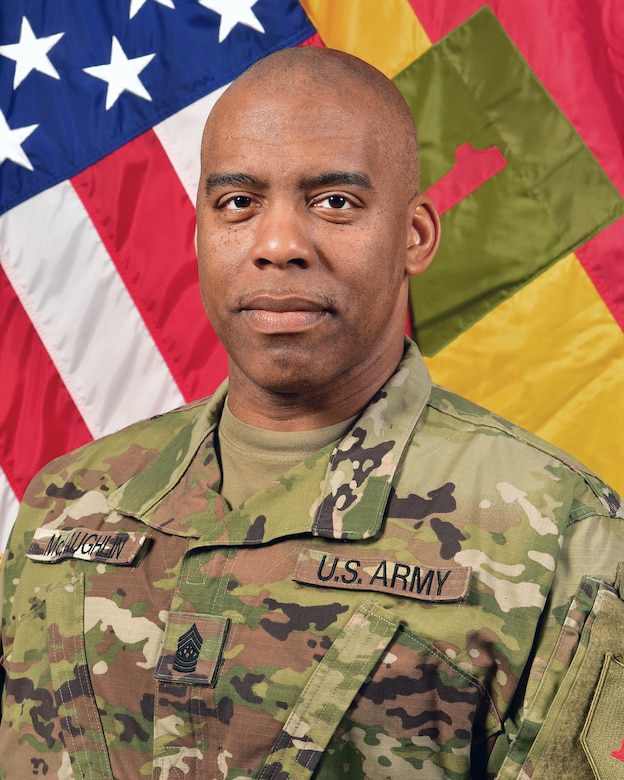 CSM Michael L. McLaughlin hails from Savannah, Ga. In August 1996, CSM McLaughlin joined the Army and attended Basic Training and Advanced Individual Training at Ft. Sill, Ok where he was awarded the primary MOS of 13E (Fire Direction Specialist).