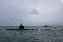 USS San Juan (SSN 751) conducts a brief stop for supplies and personnel off the coast of Iceland, supported by Icelandic Coast Guard ICVG Þór, April 26, 2023.
