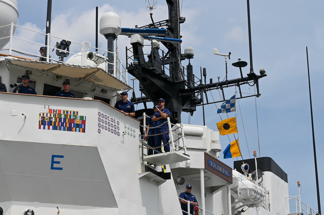 The command and crew of USCGC Tampa (WMEC 902), conduct a mooring procedure for the cutter's return to home port in Portsmouth, Virginia, April 26, 2023. Tampa returned home following an 88-day patrol in the Florida Straits and Caribbean Sea. (U.S. Coast Guard photo by Petty Officer 3rd Class Kate Kilroy)