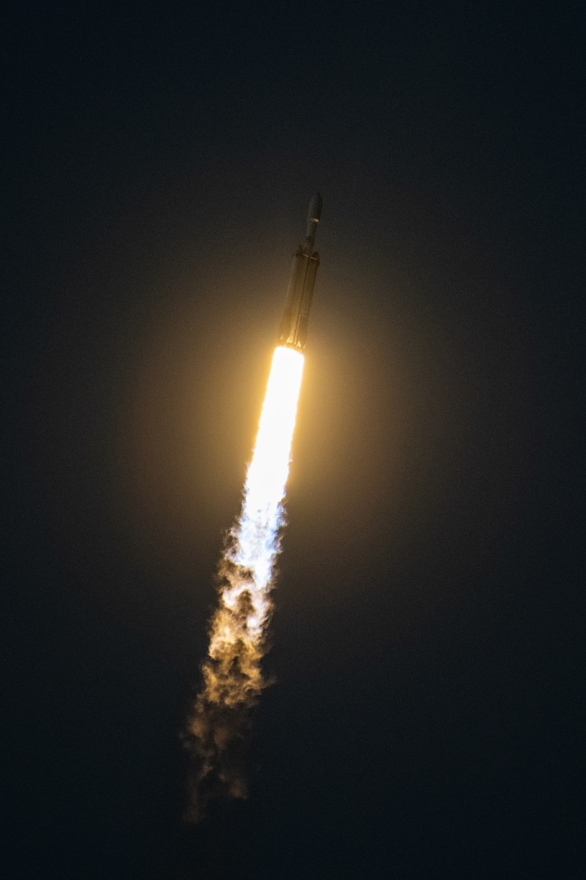 A rocket launches into space.
