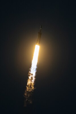A rocket launches into space.