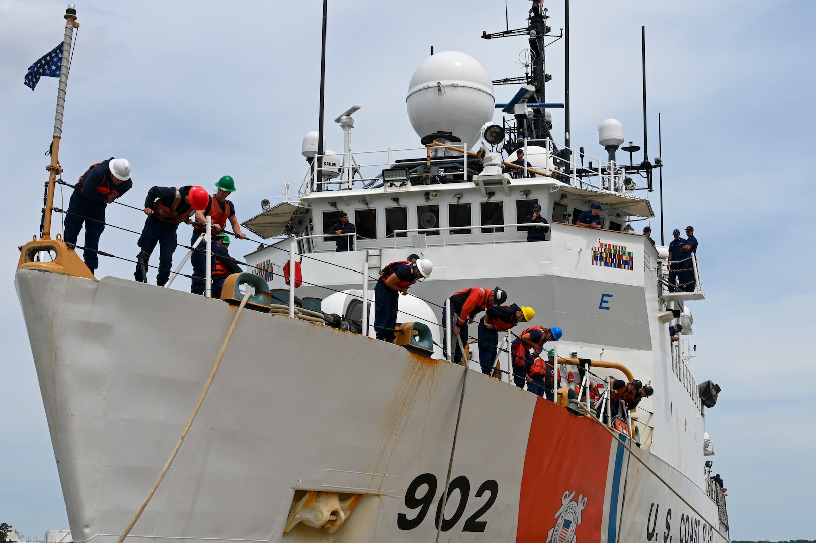 USCGC Tampa's (WMEC 902) crew moors up to the pier at the cutter's return to home port in Portsmouth, Virginia, April 26, 2023. Tampa returned home following an 88-day patrol in the Florida Straits and Caribbean Sea. (U.S. Coast Guard photo by Petty Officer 3rd Class Kate Kilroy)