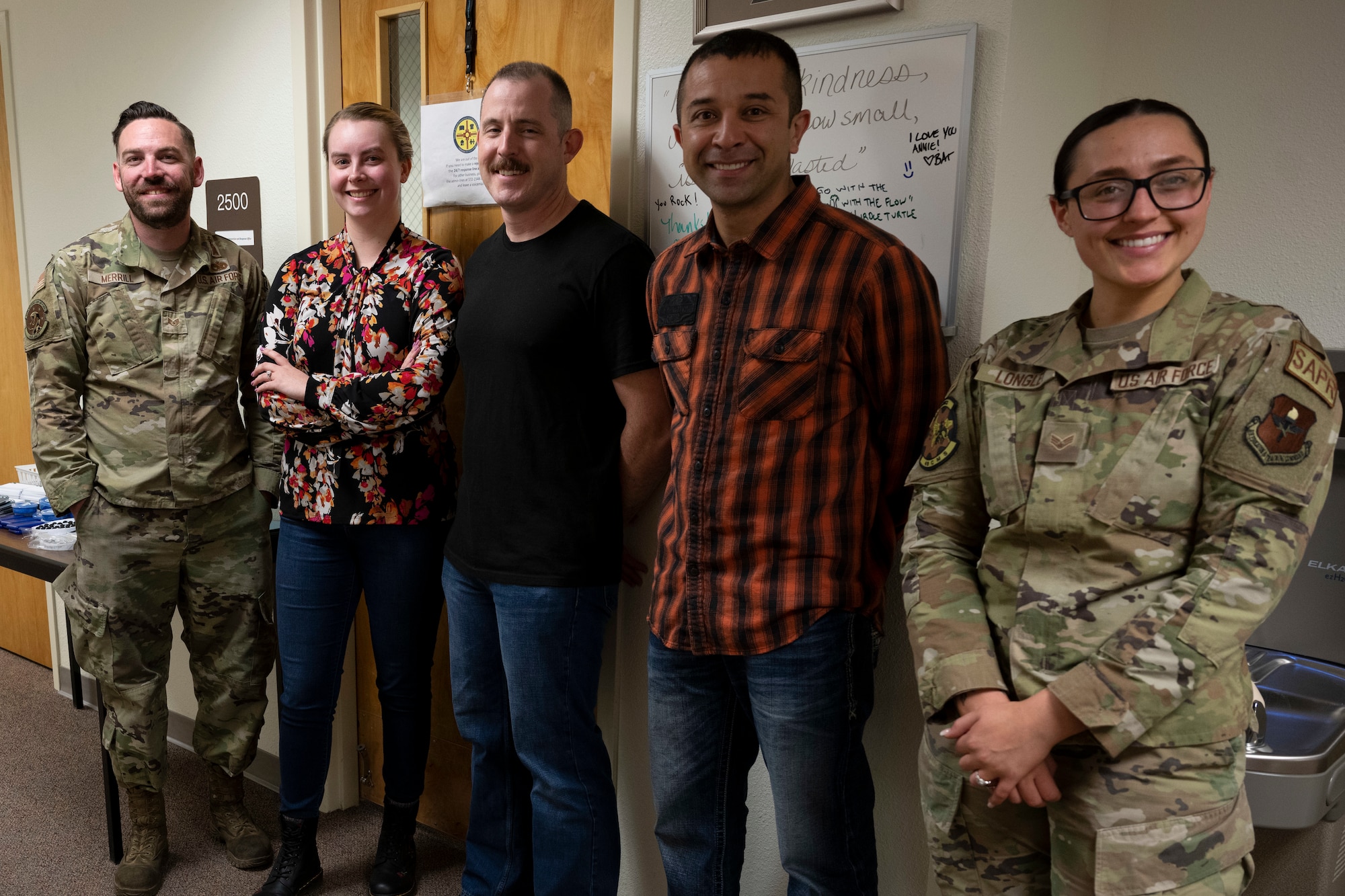 Members of the 49th Wing Safety and Sexual Assault Prevention Response team collaborate on Denim Day at Holloman Air Force Base, New Mexico, April 26, 2023. Denim Day is an annual event that aims to raise awareness about sexual violence, challenge victim-blaming, and support survivors. (U.S. Air Force photo by Airman 1st Class Michelle Ferrari)