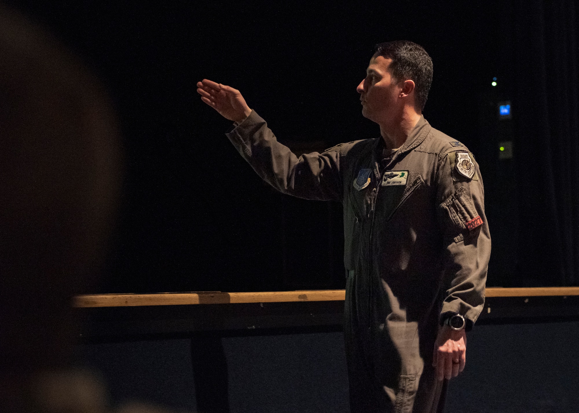 U.S. Air Force Col. Kevin Jamieson, commander of the 3rd Wing, expressed the importance of the Wing’s history during an all-call at Joint Base Elmendorf-Richardson, Alaska, April 21, 2023.