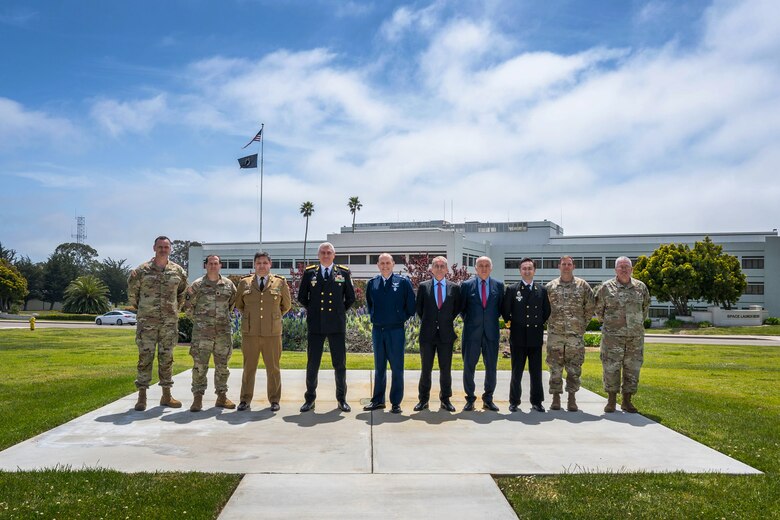 Leadership from the Romanian Communications and Information Command, Romanian Space Agency, Combined Force Space Component Command and the Alabama Air National Guard stand together for a group photo outside the
Pacific Coast Club on Vandenberg Space Force Base, Calif., April 25, 2023. Mr. Flaviu Răducanu, Romanian Space Agency President and General Director, and Maj. Gen. Adrian Brînză, Romanian Communications and Information Command commander, sat down with U.S. Space Force Maj. Gen. Douglas A. Schiess, Combined Force Space Component Command (CFSCC) commander, and U.S. Space Force Chief Master Sgt. Grange S. Coffin, CFSCC senior enlisted leader, for a key leader engagement that focused on discuss Space Domain Awareness, command and control space operations, and benefits of Space Sharing Agreements. (U.S. Space Force photo by Tech. Sgt. Luke Kitterman)