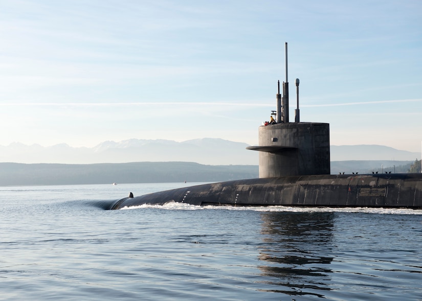 An Ohio-class ballistic missile submarine returns to homeport.