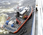 A Coast Guard Station Ketchikan 45-foot Response Boat-Medium crew conducts a man overboard drill during a full-sale active shooter exercise aboard the Ketchikan Alaska Marine Highway System marine vessel Matanuska in Ketchikan, Alaska, April 26, 2023. The exercise is designed to improve active shooter response protocols and interagency coordination for potential emergencies. U.S. Coast Guard photo by Petty Officer Third Class Ian Gray.