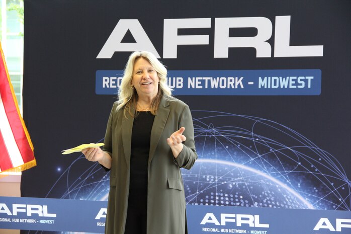 Monica Poelking, deputy chief technology officer at Air Force Research Laboratory, or AFRL, speaks during the kick off of the Regional Network Hub-Midwest opening ceremony April 21, 2023, at Purdue University in West Lafayette, Indiana. The opening ceremony signified the beginning of a partnership between AFRL and Purdue University to collaborate on new science and technology innovations that the warfighter can use faster to keep the country safe. (U.S. Air Force photo / Aleah M. Castrejon)