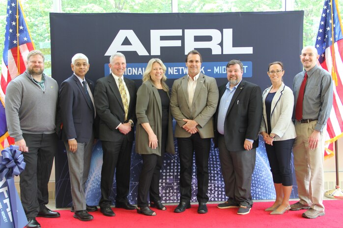 The Air Force Research Laboratory, or AFRL, partners with Purdue University to kick off the Regional Network Hub-Midwest opening ceremony April 21, 2023, at Purdue University in West Lafayette, Indiana. While the ribbon cutting ceremony marked the official start of the partnership, AFRL and Purdue University have been collaborating for more than a year. Three projects were announced at the opening, and more projects are underway. The winners included: Passive control of hypersonic boundary layer turbulence via porous carbon-matrix ceramics with the collaborative team: Hysonic, AFRL, University of Dayton, University of Dayton Research Institute, Raytheon Technologies, Elevate Ventures; Effect of thermal deformation on reattachment heating overshoot with collaborative team: University of Notre Dame, The Ohio State University, AFRL; and Development of solid-fueled rotating detonation engines with collaborative team: Purdue University, USSF, Spectral Energies, Adranos. (U.S. Air Force photo / Aleah M. Castrejon)