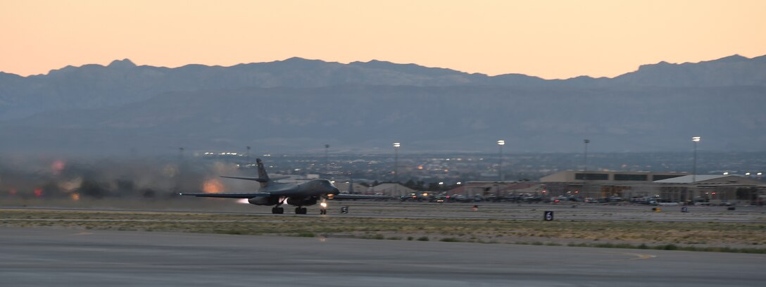 A B-1B Lancer takes off at Nellis Air Force Base, Nev., June 13, 2017. The B-1 is a test jet assigned to the 337th Test and Evaluation Squadron, here, and is conducting missions while testing the new software for Sustainment Block 17.