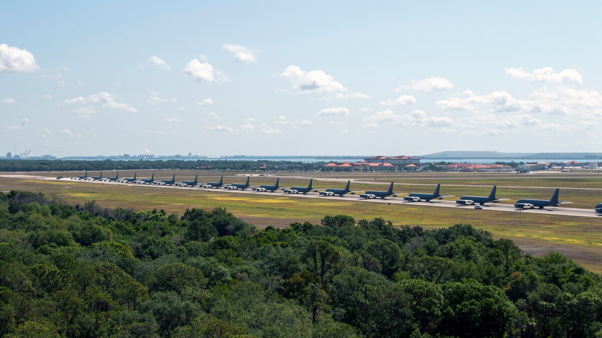Eighteen U.S. Air Force KC-135 Stratotankers assigned to the 6th and 927th Air Refueling Wings, and two U.S. Army UH-60 Black Hawks assigned to the 5th Battalion, 159th Regiment, participate in Operation Violent Storm at MacDill Air Force Base, Florida, April 26, 2023. Violent Storm showcased that MacDill Airmen can provide rapid global mobility at a moment’s notice. (U.S. Air Force photo by Luther Mitchell Jr.)