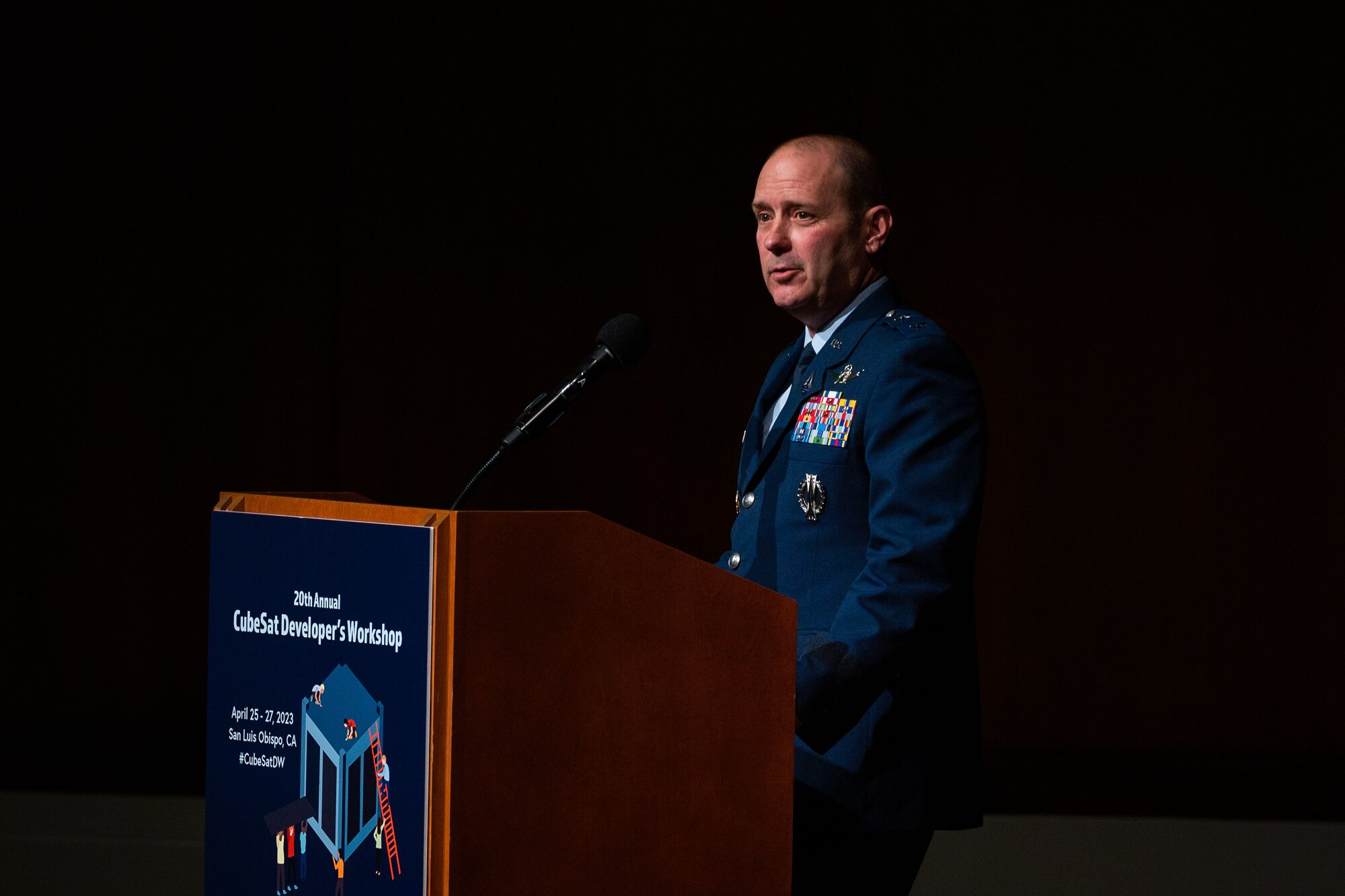 U.S. Space Force Maj. Gen. Douglas A. Schiess, Combined Force Space Component Command (CFSCC) commander, speaks to audience members of the Cal Poly CubeSat Developer’s Workshop at California Polytechnic State University in San Luis Obispo, Calif., April 25, 2023. During his keynote address, Schiess gave an overview of CFSCC's roles and responsibilities while also focusing on the importance of Space Domain Awareness as the domain becomes more contested and congested. (U.S. Space Force photo by Tech. Sgt. Luke Kitterman)