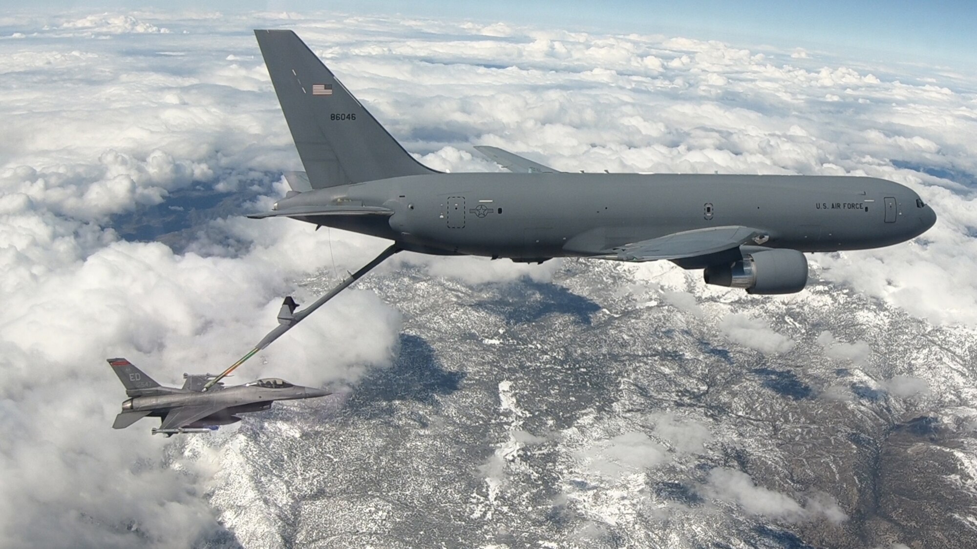 A KC-46 Pegasus conducts an air refueling test mission with a F-16 Fighting Falcon over the skies of Southern California. Aerial refueling is one of the core components of the U.S. Air Force. It allows our aircraft that doesn't have that much fuel to fly for much longer durations.