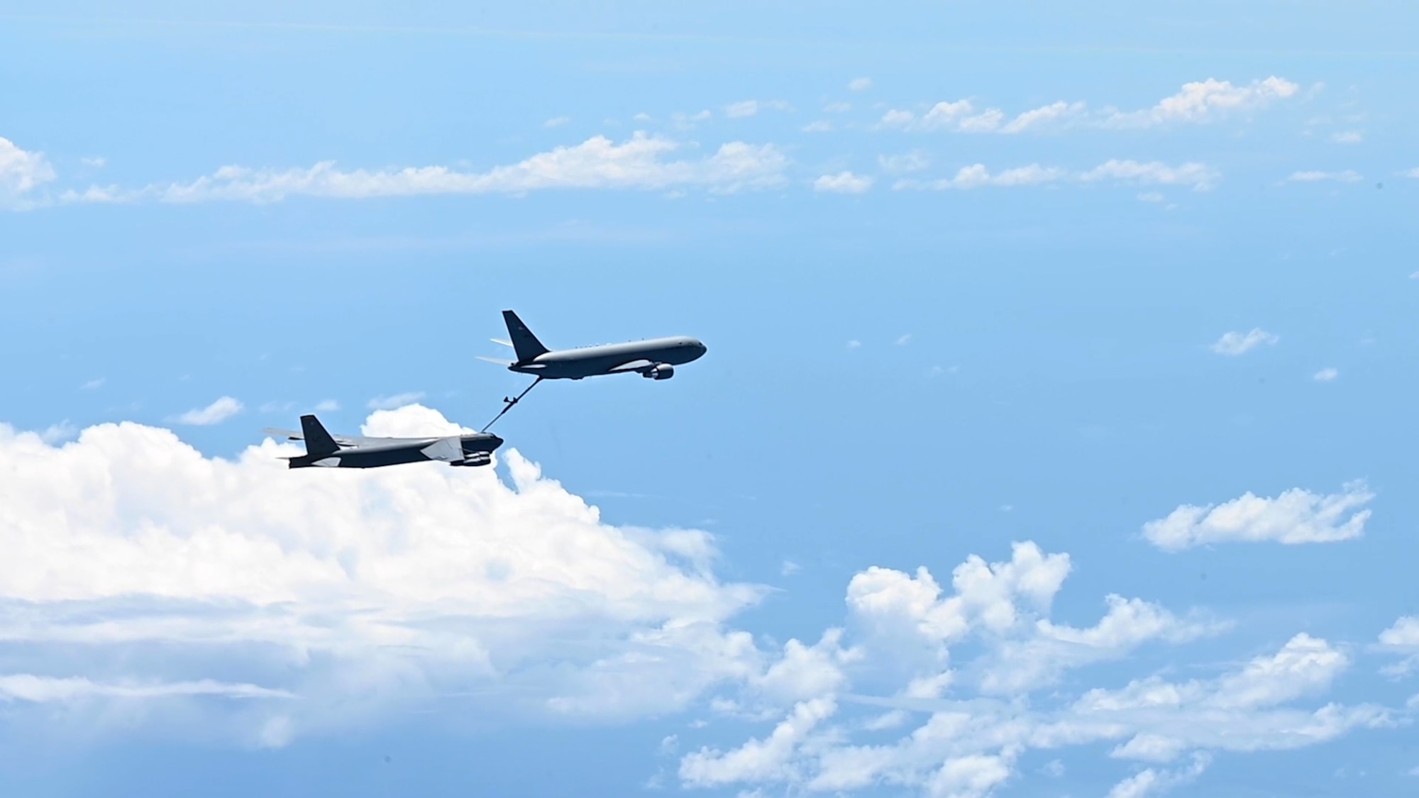 A KC-46 Pegasus assigned to the 418th Flight Test Squadron conducts an air refueling test mission with a Boeing B-52 Stratofortress over the skies of Southern California. Receivers come in many types of aircraft depending on this mission.