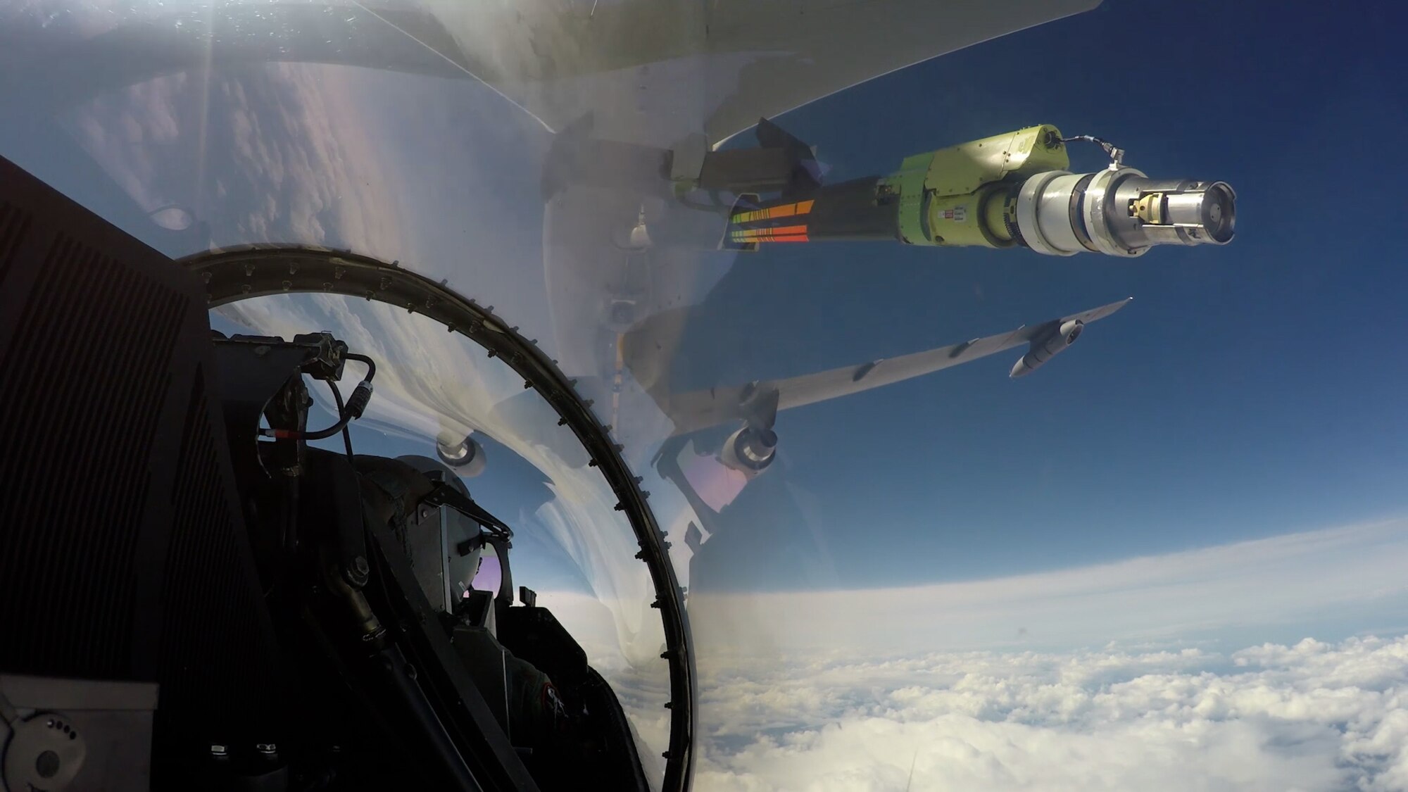 A KC-46 Pegasus conducts an air refueling test mission with a F-16 Fighting Falcon over the skies of Southern California. Operating a specialized boom from the back of a KC-46, In-flight Refueling Specialists pump thousands of gallons of jet fuel into aircraft in need of fuel. (Photo courtesy of Boeing)