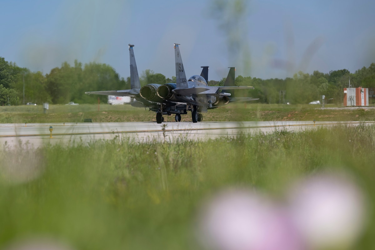 Two F-15E Strike Eagles assigned to the 4th Fighter Wing prepare for takeoff during exercise Southern Strike at Key Field Air National Guard Base, Miss., April 19, 2023.