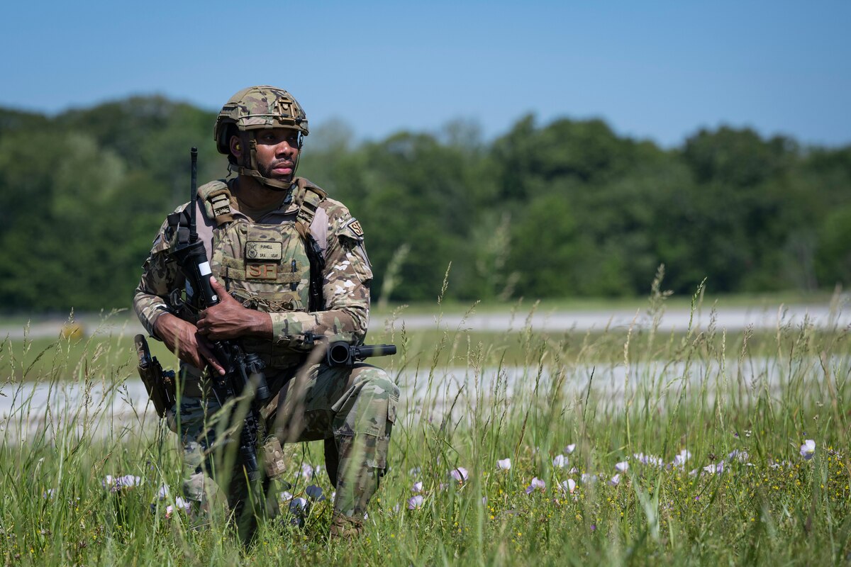 Senior Airman Terrance Pernell, 4th Security Forces Squadron assistant unit deployment manager, maintains a security perimeter during exercise Southern Strike at Key Field Air National Guard Base, Miss., April 19, 2023.