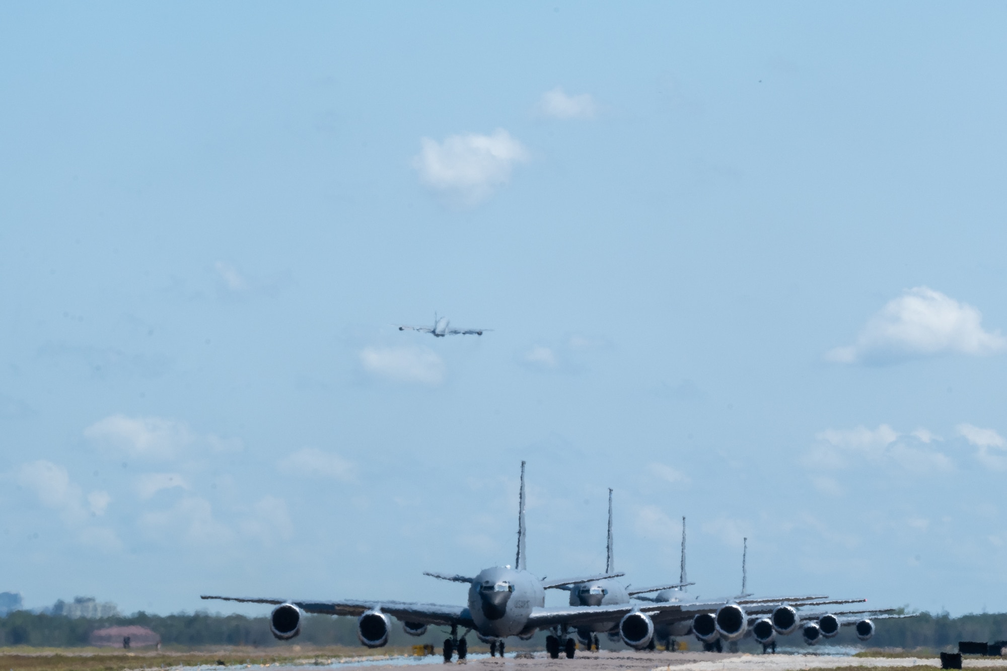 U.S. Air Force KC-135 Stratotanker aircraft assigned to the 6th and 927th Air Refueling Wings taxi and take off from MacDill Air Force Base, Florida during Operation Violent Storm April 26, 2023, at MacDill Air Force Base, Florida.