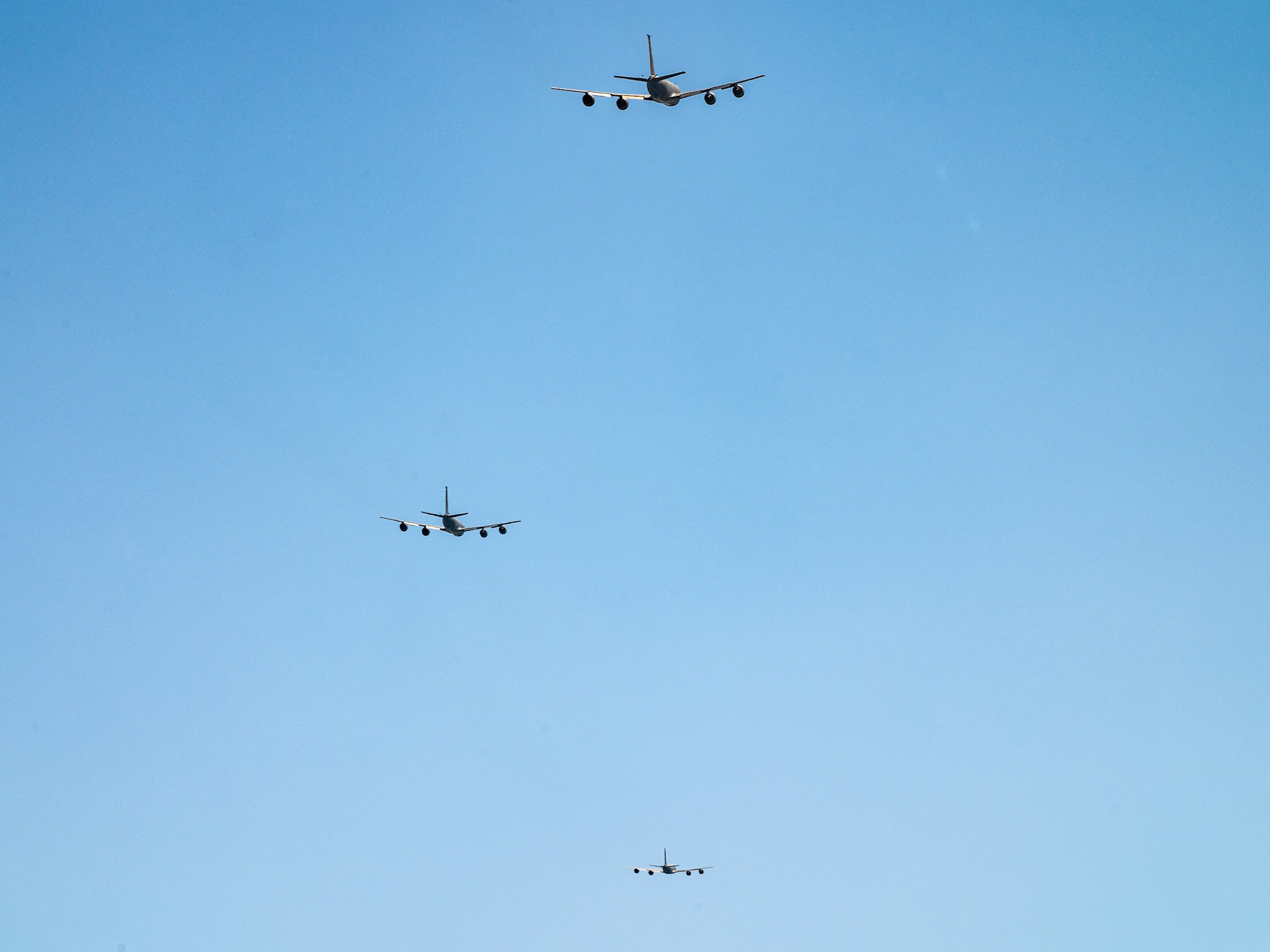 Three KC-135 Stratotankers assigned to the 6th Air Refueling Wing fly in formation from MacDill Air Force Base, Florida, as a part of Operation Violent Storm, April. 26, 2023.