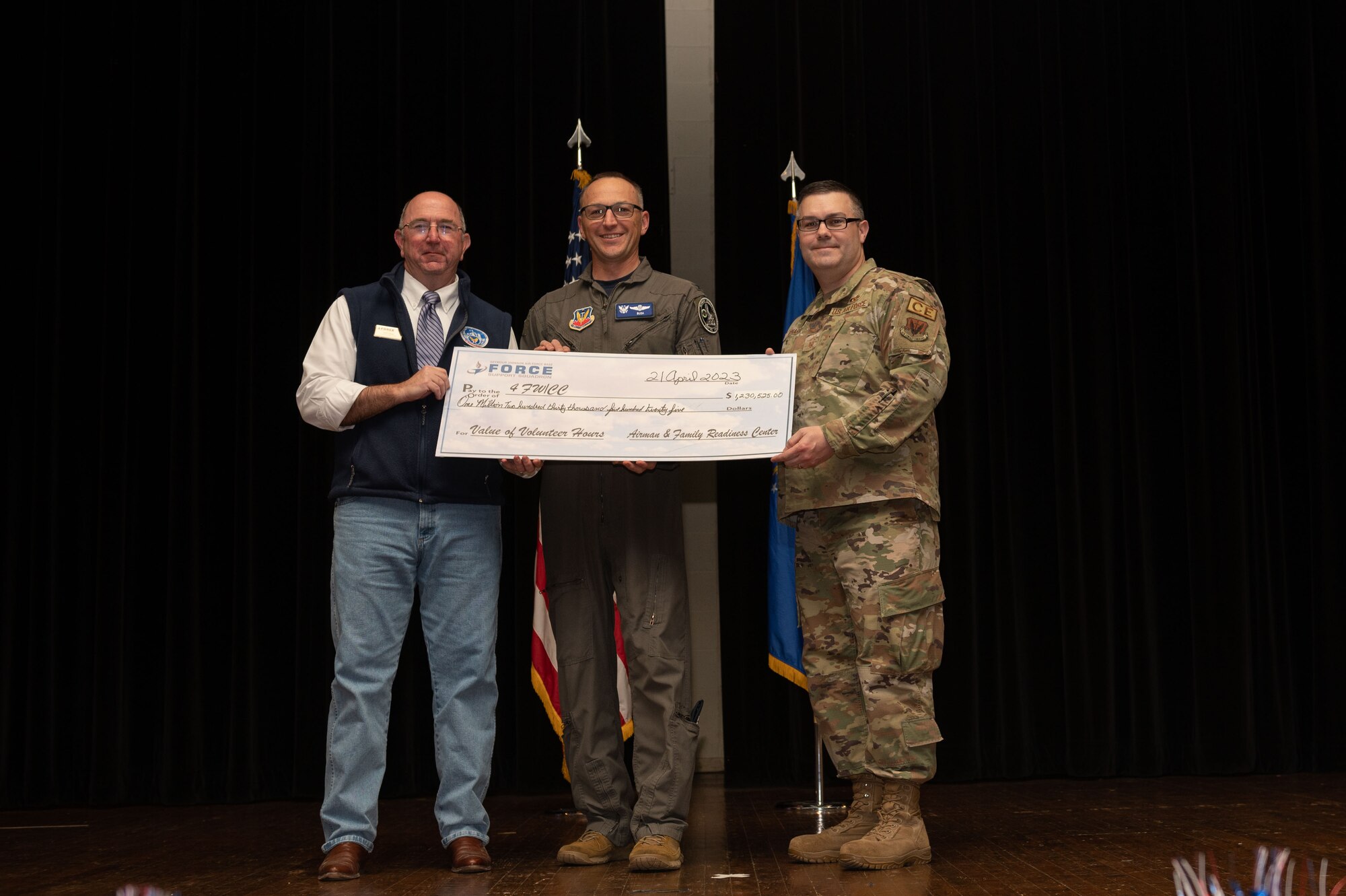 Jeff Craver, left, Military and Family Readiness Center flight chief, presents a check to, Col. Steven Bofferding, center, 4th Fighter Wing vice commander, and Chief Master Sgt. Kyle O’Hara, right, 4th Civil Engineer Squadron command chief, during a volunteer appreciation ceremony at Seymour Johnson Air Force Base, North Carolina, April 21, 2023. This check represents the 41,086 of hours Seymour Johnson’s volunteers have completed in 2022, which has the monetary equivalence of to $1,230,525. (U.S. Air Force photo by Airman 1st Class Rebecca Sirimarco-Lang)