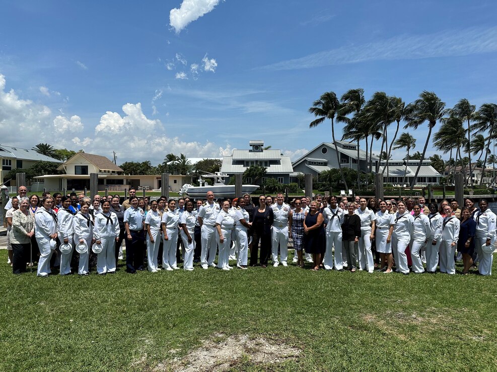 230426-N-ZK609-0005 Fort Lauderdale, Fla. (April 26, 2023). Members of the USS Cole (DDG-67), USS New York (LPD-21), USS Indiana (SSN 789), USNS Newport, Marines from the 2nd Assault Amphibious Battalion, Coast Guardsmen from the local area and local citizens stopped for a group photo during the Salute to Women in the Military Luncheon. This luncheon has been an annual event on the Fleet Week Port Everglades schedule since 2017. (Photo by Navy Region Southeast Public Affairs Specialist Twilla Burns/released).