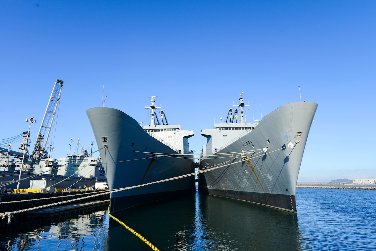 Two large ships are moored next to one another.