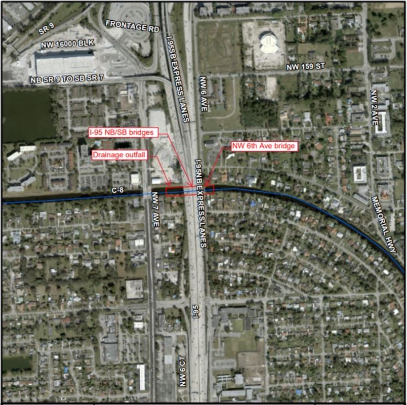 Aerial map of bridges and infrastructure to be replaced as part of the proposed Golden Glades Interchange improvements