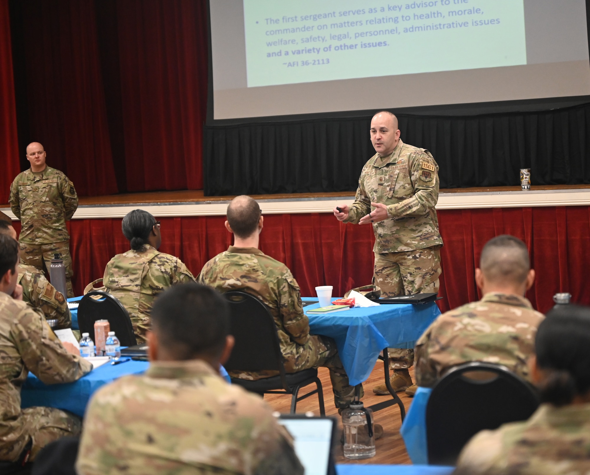 First Sergeant Jeremy Kinkade details the responsibilities of first sergeants by reviewing different policy and instruction related to their duties at Joint Base San Antonio-Lackland, Texas on March 27, 2023. (U.S. Air Force photo by 2nd Lt. Alex Dieguez)
