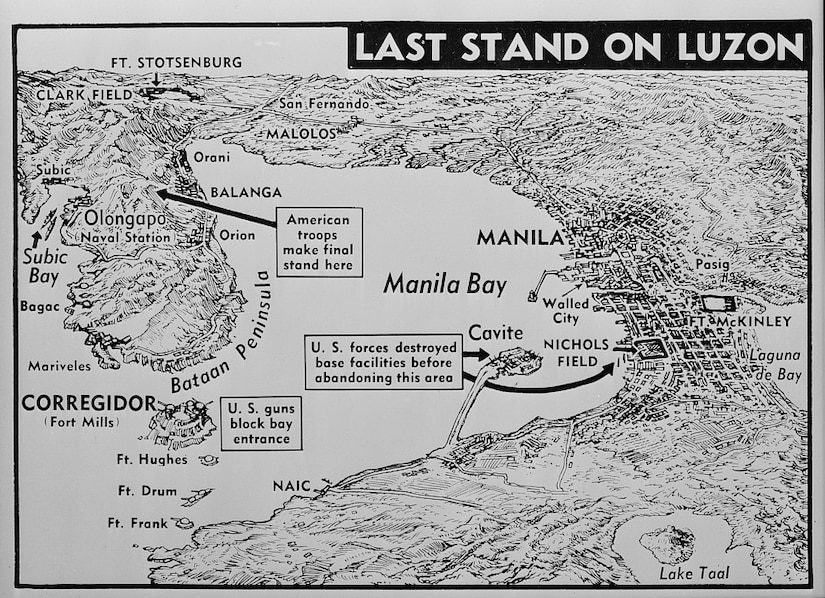 A map shows a portion of the Philippine island of Luzon during 1942.
