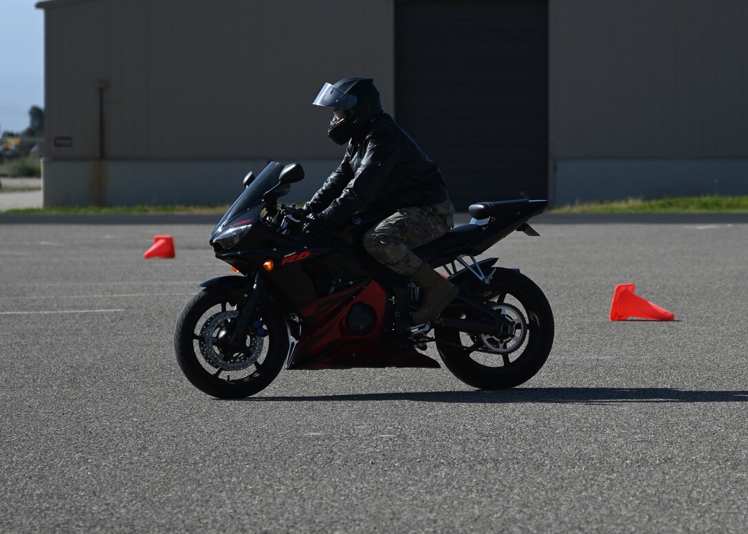 A base member participates in a motorcycle safety training course held on base at Vandenberg Space Force Base, Calif., April 14, 2023. The course was ran by members of the company "Be Crash Free", a motorcycle training company dedicated to protecting riders and training them in precautionary measures and basic maneuvering to avoid accidents. (U.S. Space Force photo by Airman 1st Class Kadielle Shaw)