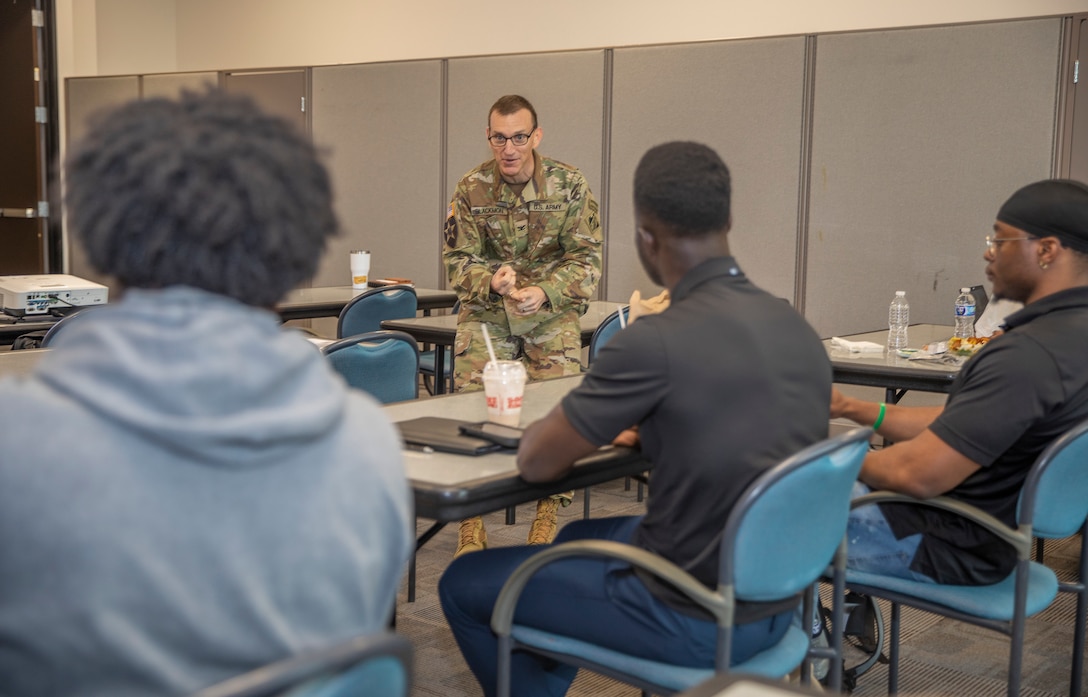 Col. Rhett Blackmon, Commander of the U.S. Army Corps of Engineers (USACE) Galveston District, speaks to students from Prairie View A&M University during a visit to the district headquarters.